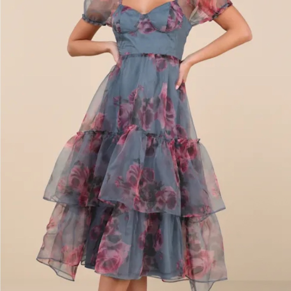 Lulu's Blue and Pink Floral Midi Dress